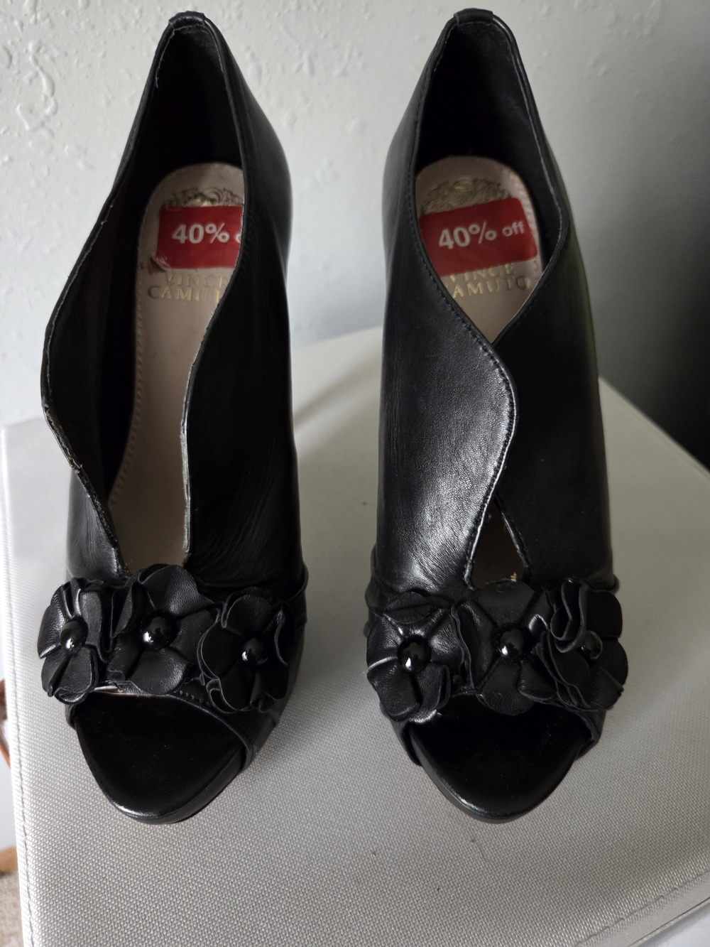 Vince Camuto Black Floral Peep-Toe Heels
